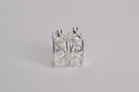 Pair of silver hoop earrings on a light gray background